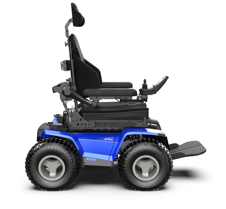Blue all-terrain power wheelchair on a white background