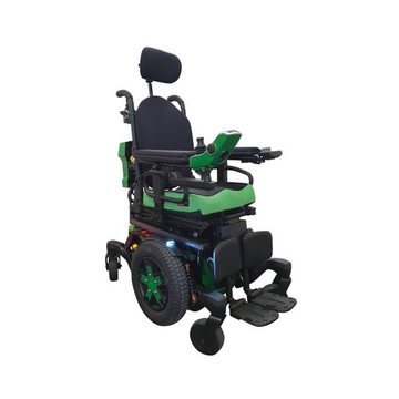 A green and black electric motorized wheelchair shown from a three-quarters angle against a plain white background.