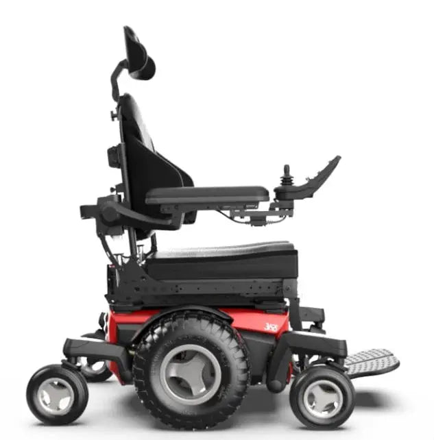 Power wheelchair with black seat and red frame on a white background